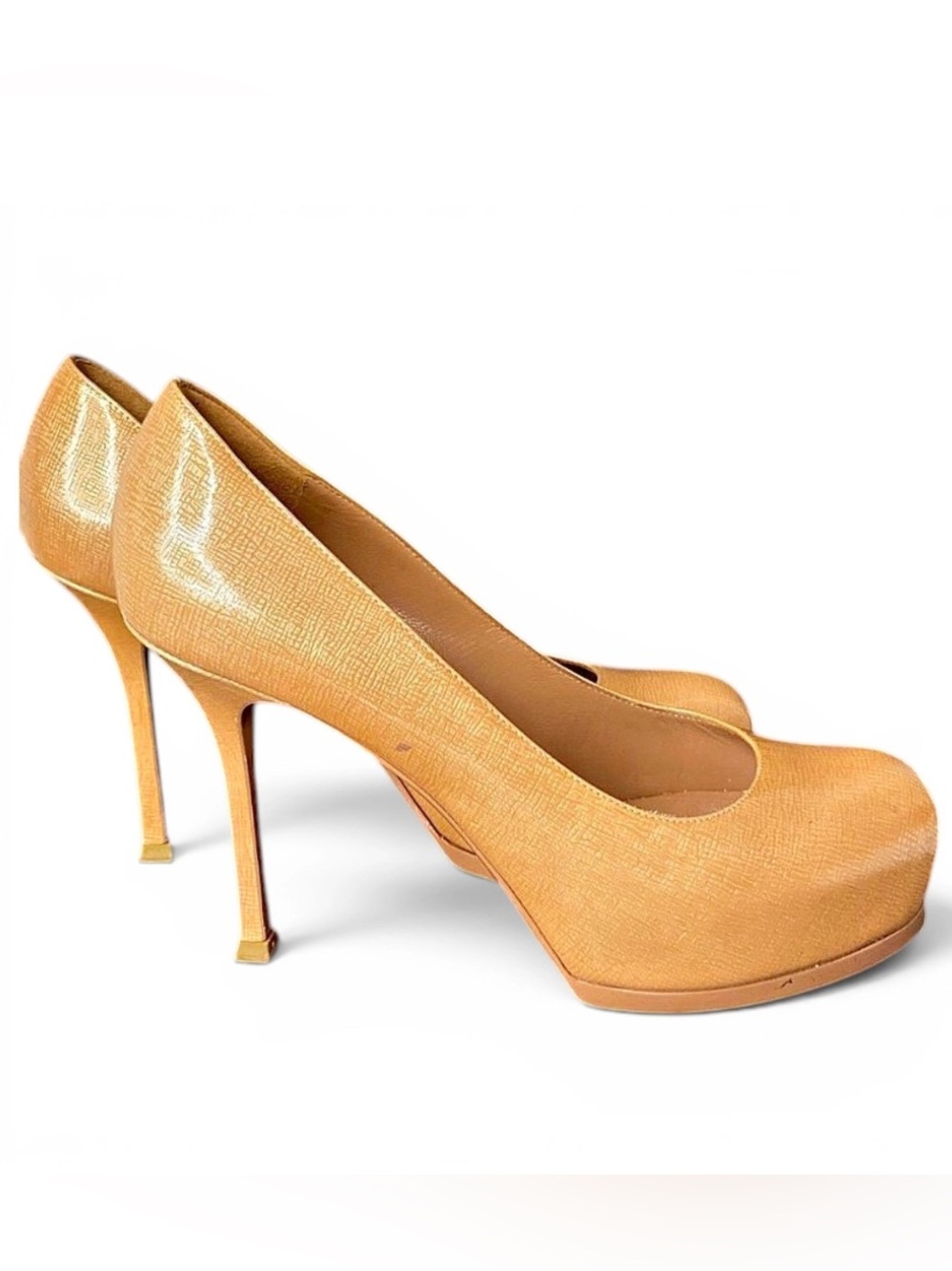 🛍️ Yves Saint Laurent Authentic Tribtoo 80 Camel Tan Platform Stiletto Pumps